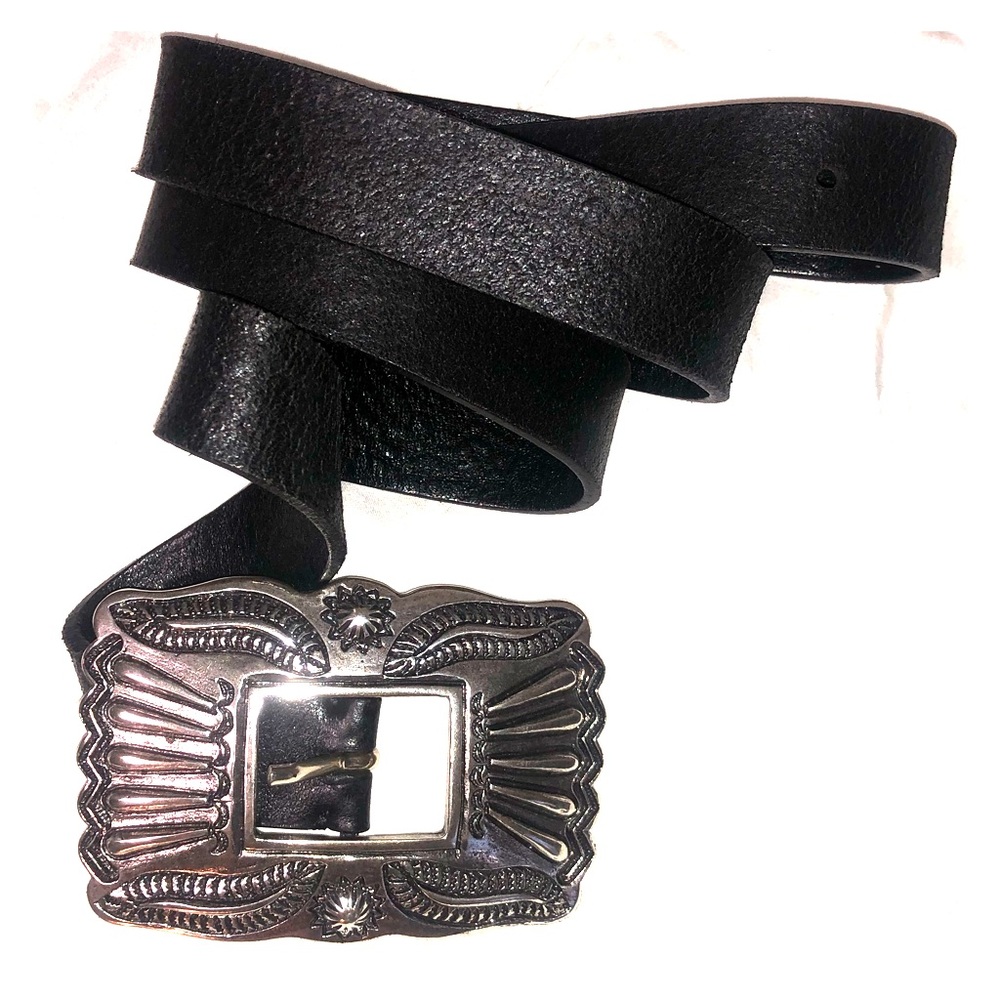 Black western leather belt with silver buckle